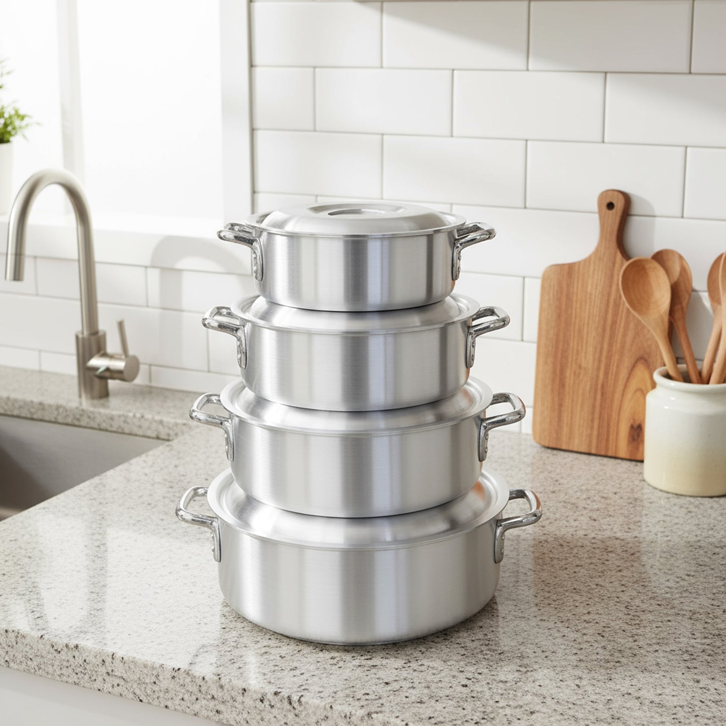 4-Piece Large Cast Aluminum Sauce Pot Set – Heavy-Duty Durable Cookware for Everyday Cooking, Silver4PC Large Cast Aluminum Supper Durable Sauce Pot Set