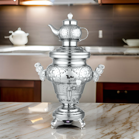 5L Modern Traditional Design Electric Stainless Steel Samovar with 1.2L Teapot with Infuser