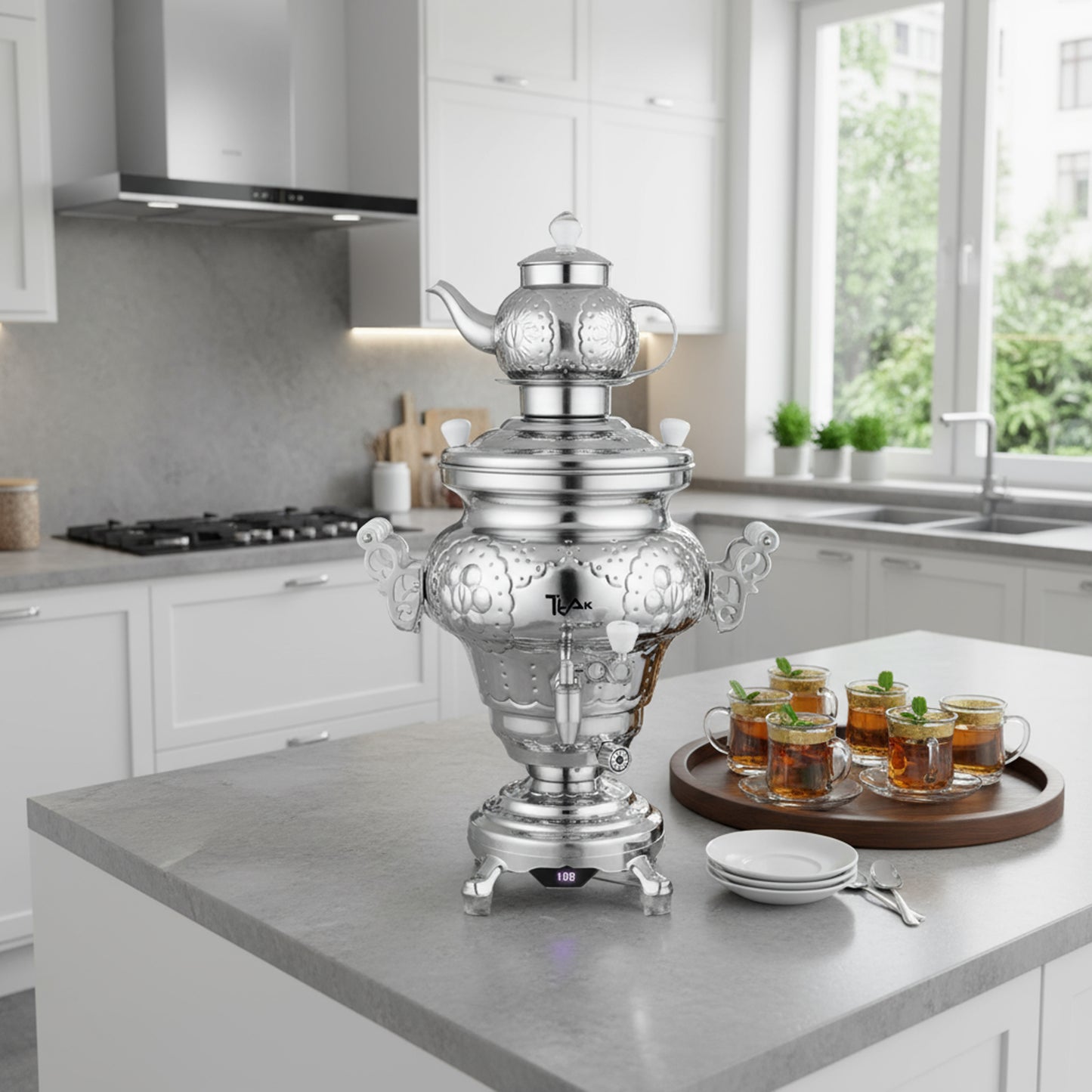 5L Modern Traditional Design Electric Stainless Steel Samovar with 1.2L Teapot with Infuser
