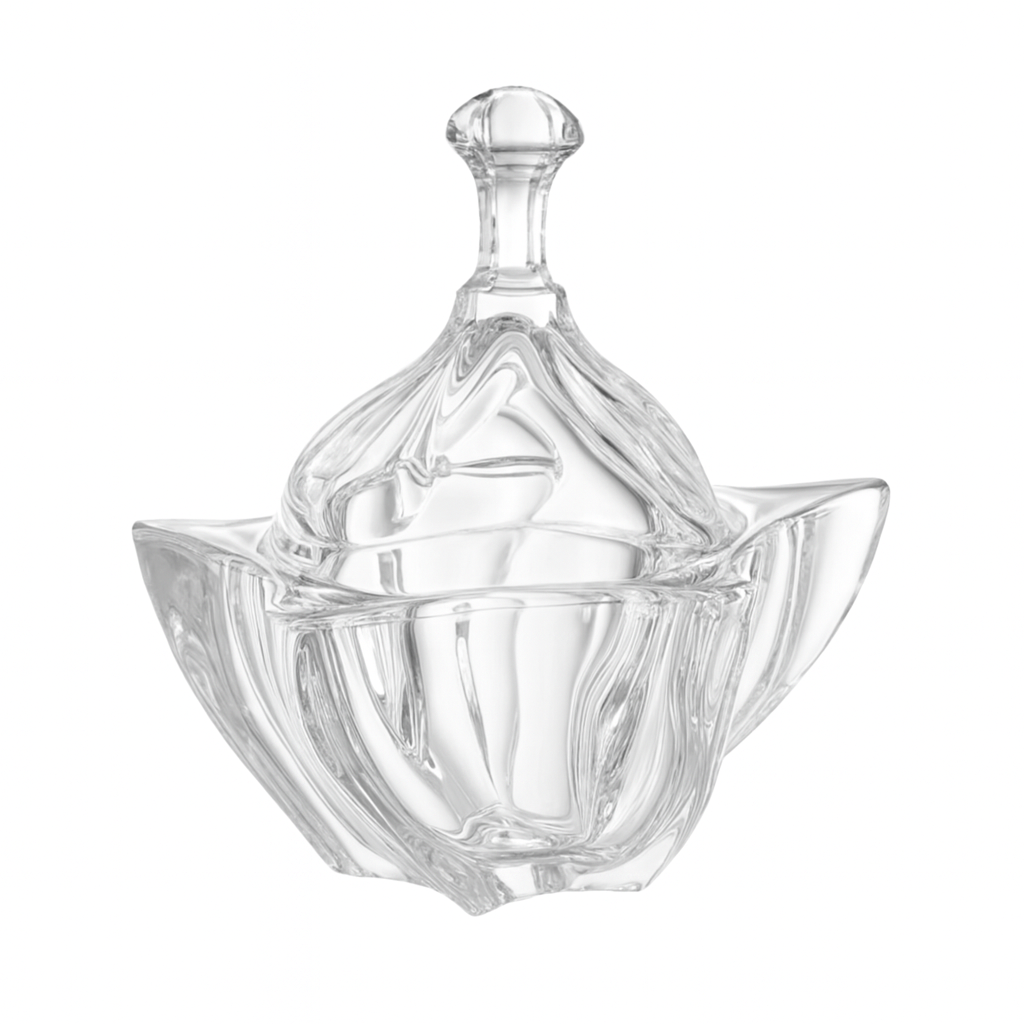 Elegant Clear Glass Sugar Bowl with Lid – Decorative Crystal-Style Covered Bowl for Candy & Condiments