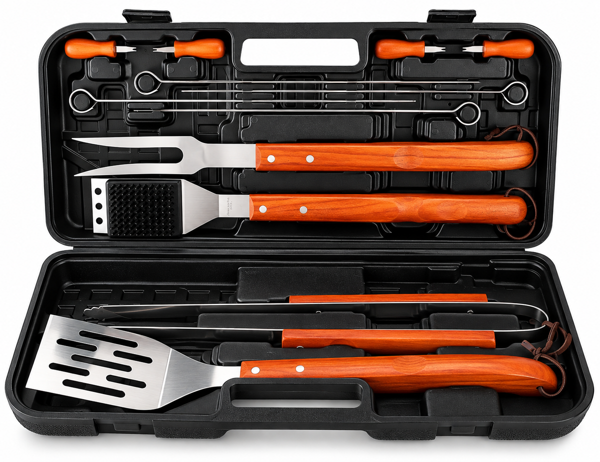 BBQ Grill Tool Set with Carrying Case – Stainless Steel Barbecue Utensils with Wooden Handles