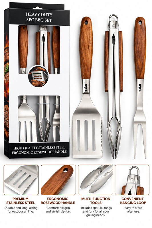 Heavy-Duty 3-Piece BBQ Grill Tool Set – Stainless Steel with Ergonomic Rosewood Handles