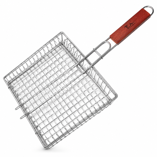 12" Electroplated Grill Basket – Stainless Steel BBQ Grilling Basket with Wooden Handle