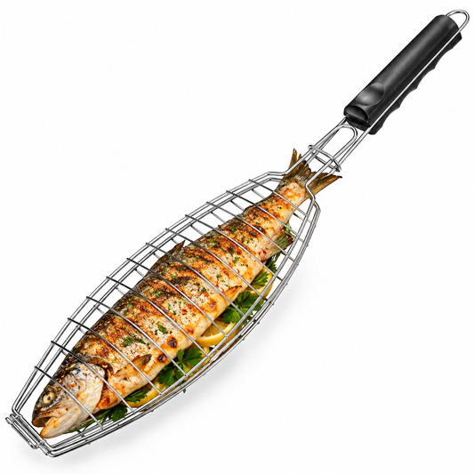 Iron Electroplated Fish Grill Basket with Heat-Resistant Handle – BBQ Fish Grilling Basket for Outdoor Cooking
