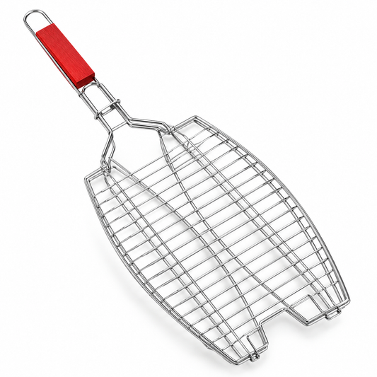 Iron Electroplated Double Fish Grill Net with Wooden Handle – BBQ Fish Grilling Basket for Outdoor Cooking