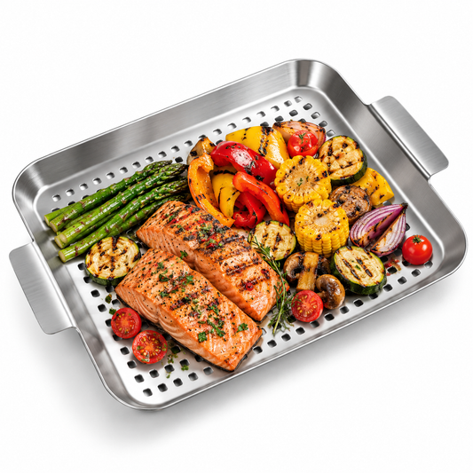 Stainless Steel Grill Pan – Perforated BBQ Vegetable & Seafood Grilling Tray