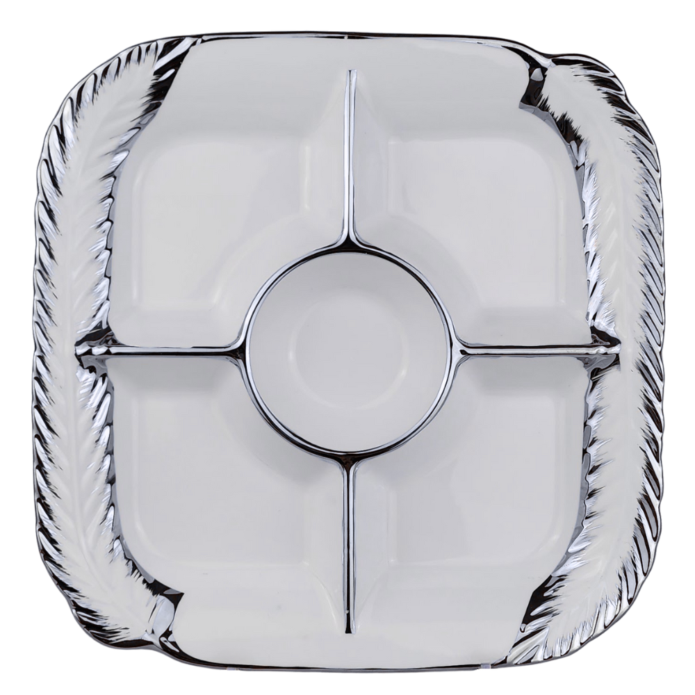 Ceramic Sectional Dried Fruit Dish – 5-Compartment Serving Plate with Elegant Silver/Gold Trim