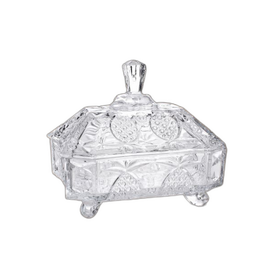 Elegant Glass Candy Dish with Lid – Decorative Crystal-Style Serving Bowl with Raised Feet