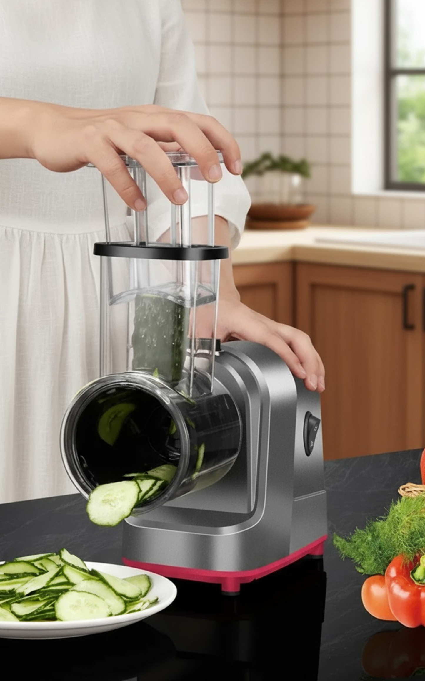 250W Electric Cheese Grater & Salad Maker – 6 Blade Attachments for Slicing, Shredding & Chopping Vegetables, Fruits & Cheese