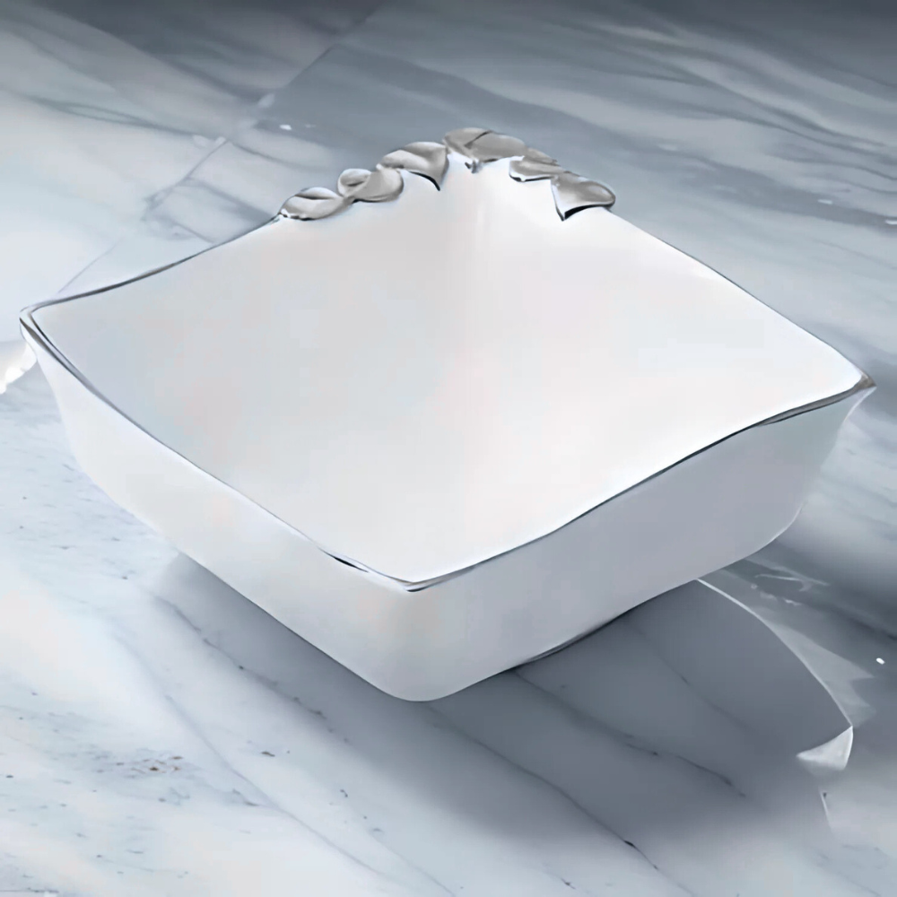 6" Square Ceramic Deep Bowl with Silver/Gold Trim – Elegant Snack, Dessert & Side Dish Bowl