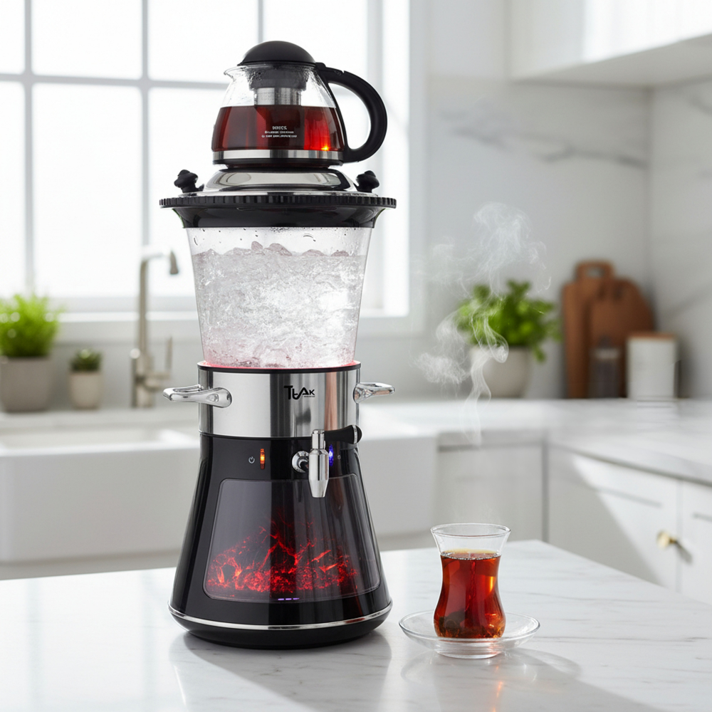 Glass Fireplace Electric Samovar – 4L Water Boiler with Glass Teapot, LED Fireplace Effect & Keep Warm Function