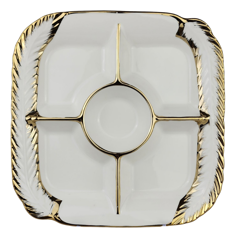 Ceramic Sectional Dried Fruit Dish – 5-Compartment Serving Plate with Elegant Silver/Gold Trim