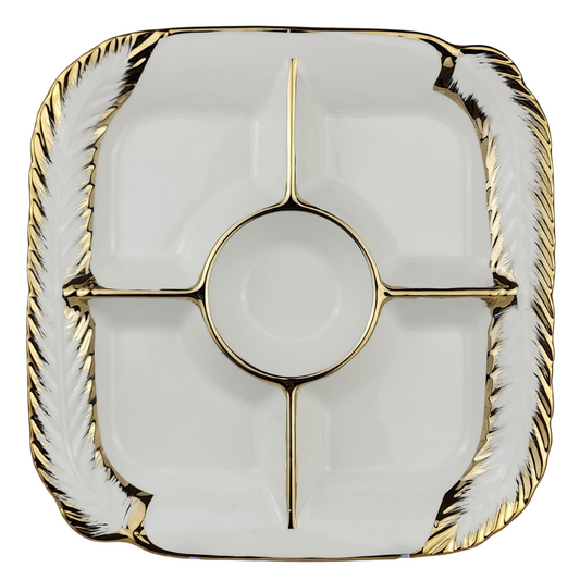 Ceramic Sectional Dried Fruit Dish – 5-Compartment Serving Plate with Elegant Silver/Gold Trim