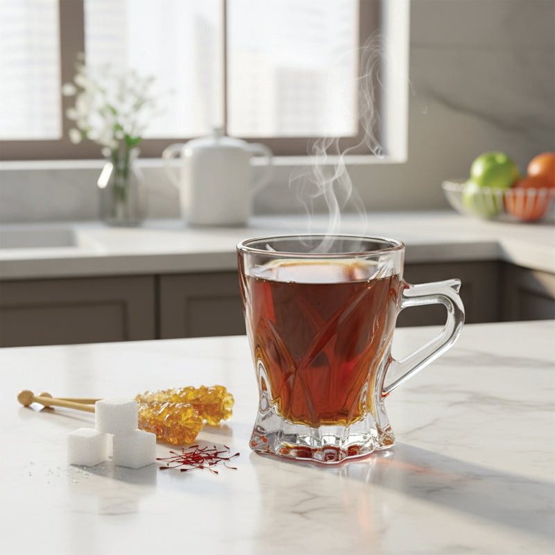 Glass Tea Cup Set (6PC) – 140ML Twisted-Design Clear Glass Cups with Handle