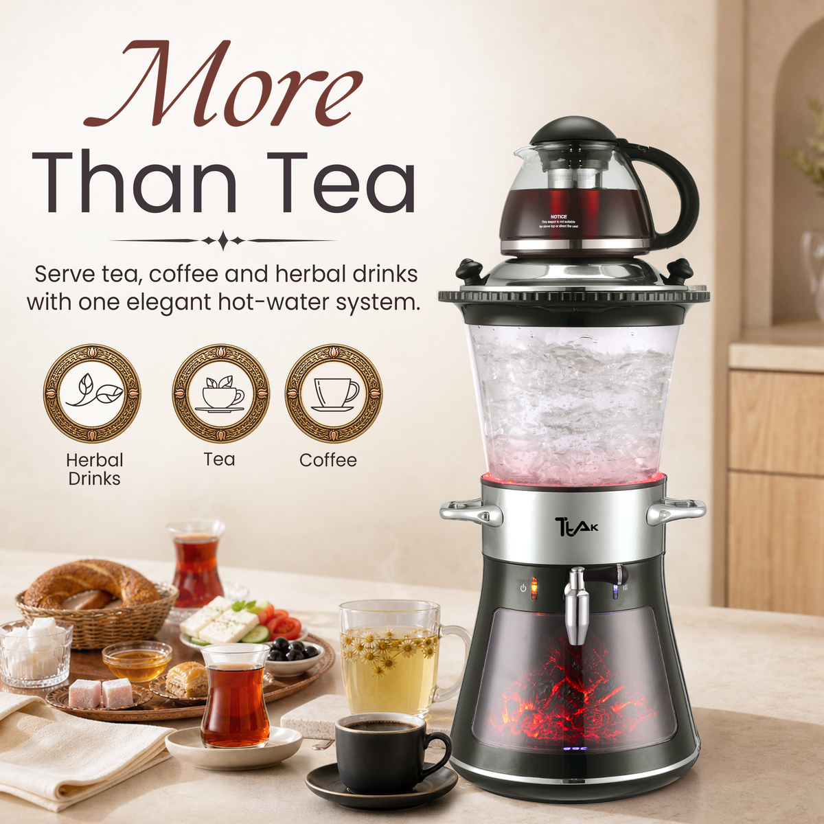 Glass Fireplace Electric Samovar – 4L Water Boiler with Glass Teapot, LED Fireplace Effect & Keep Warm Function