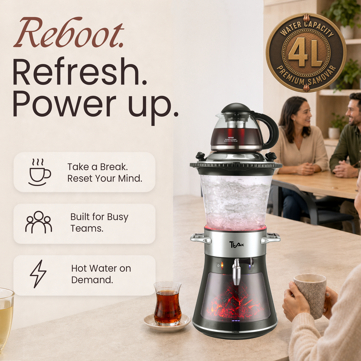 Glass Fireplace Electric Samovar – 4L Water Boiler with Glass Teapot, LED Fireplace Effect & Keep Warm Function