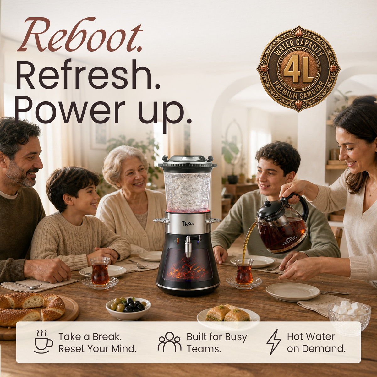 Glass Fireplace Electric Samovar – 4L Water Boiler with Glass Teapot, LED Fireplace Effect & Keep Warm Function