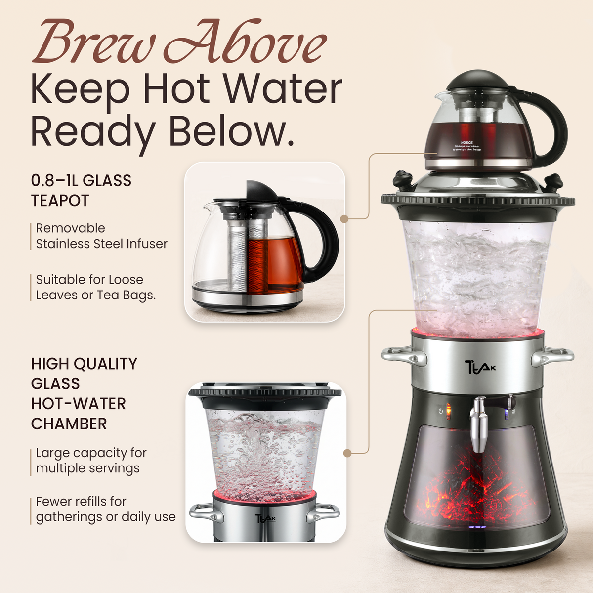 Glass Fireplace Electric Samovar – 4L Water Boiler with Glass Teapot, LED Fireplace Effect & Keep Warm Function