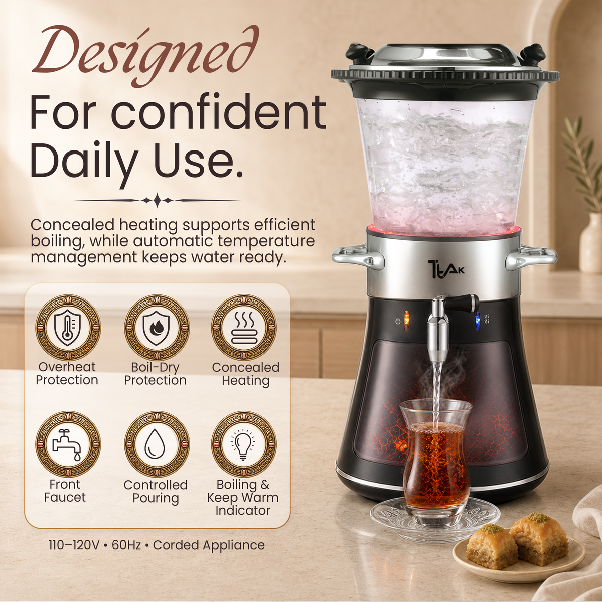 Glass Fireplace Electric Samovar – 4L Water Boiler with Glass Teapot, LED Fireplace Effect & Keep Warm Function