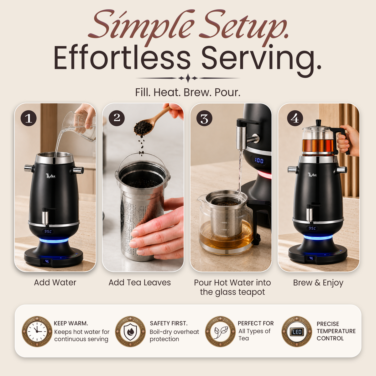 4L Electric Samovar with 1L Glass Teapot(Velora) – Digital Temperature Control, Keep Warm Function, Stainless Steel Tea Maker | Black & White