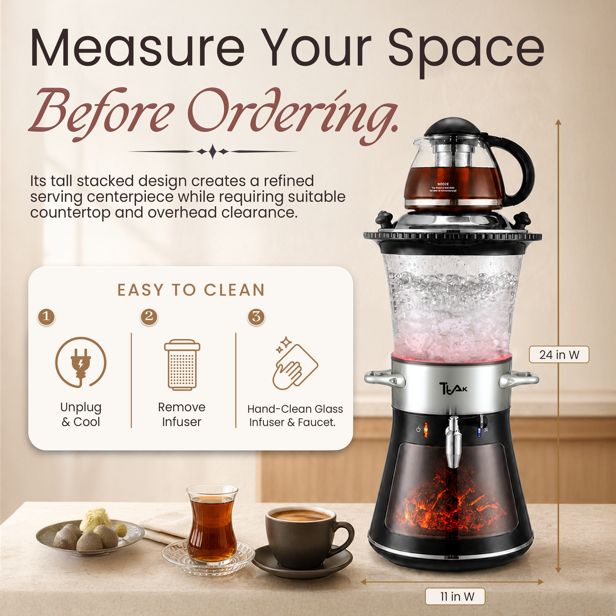 Glass Fireplace Electric Samovar – 4L Water Boiler with Glass Teapot, LED Fireplace Effect & Keep Warm Function
