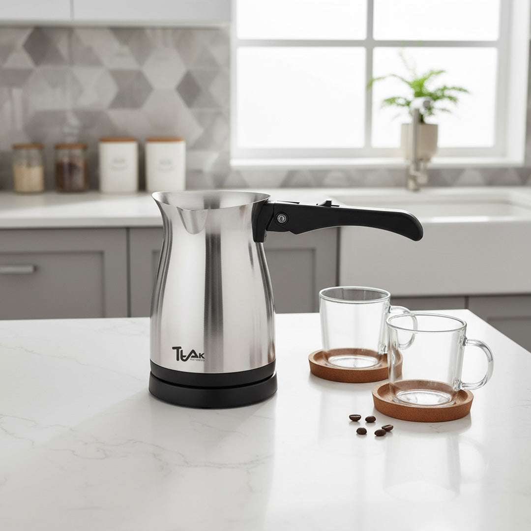 Stainless Steel Turkish/Arabic Coffee Maker – Rapid Heating, Foldable Handle, Auto Shut-Off, Keep Warm