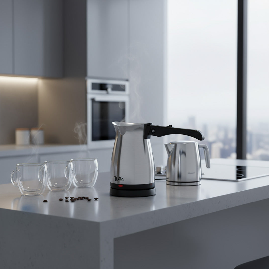 Stainless Steel Turkish/Arabic Coffee Maker – Rapid Heating, Foldable Handle, Auto Shut-Off, Keep Warm