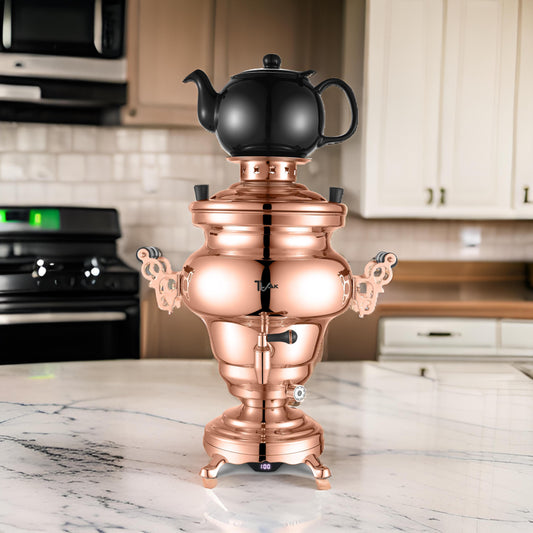 5L Electric Stainless Steel Copper Design Samovar with 1.2L Porcelain Teapot with Infuser