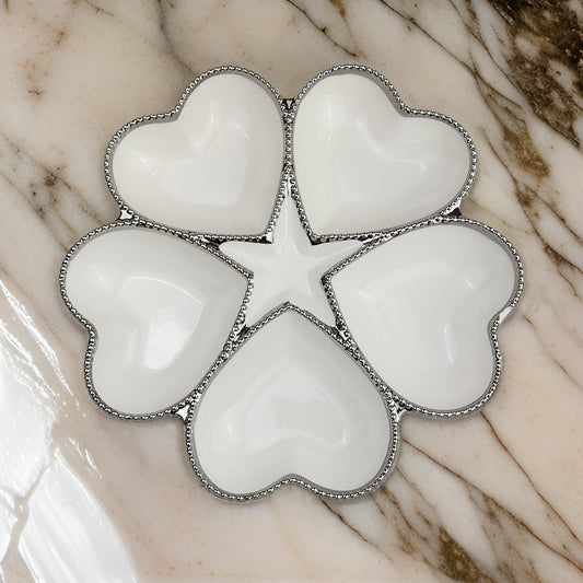 5-Section Heart-Shaped Appetizer Dish – Elegant Ceramic with Silver Trim