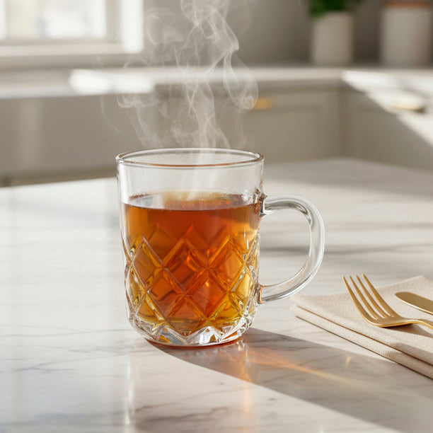 Glass Tea Cup Set (6PC) – 230ML Diamond-Cut Clear Glass Cups with Handle