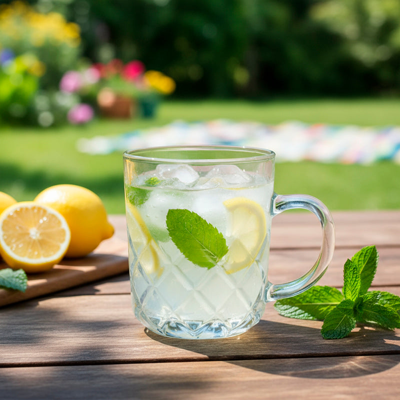 Glass Tea Cup Set (6PC) – 230ML Diamond-Cut Clear Glass Cups with Handle