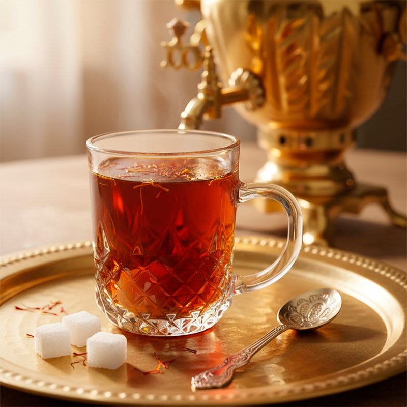 Glass Tea Cup Set (6PC) – 230ML Sharp Diamond-Cut Clear Glass Cups with Handle