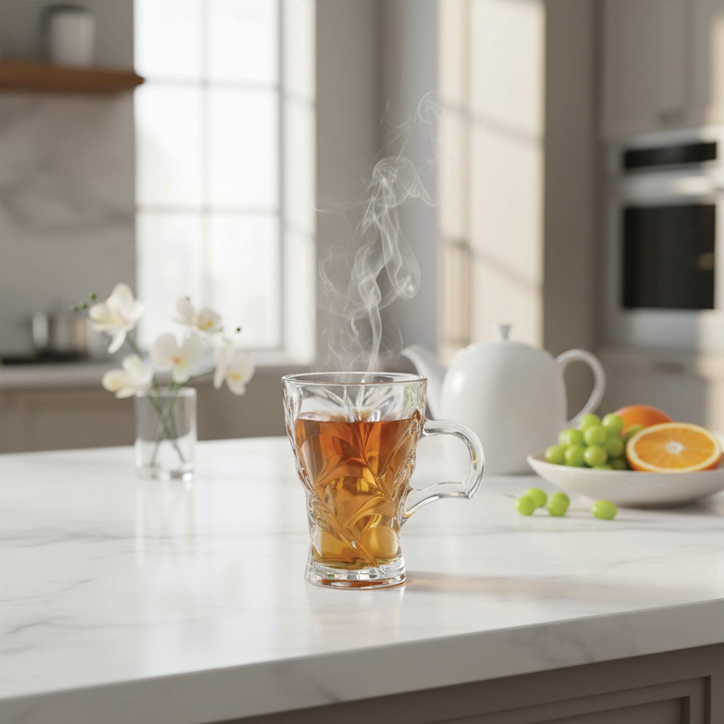 Glass Tea Cup Set (6PC) – 189ML Sculpted Swirl Clear Glass Cups with Handle