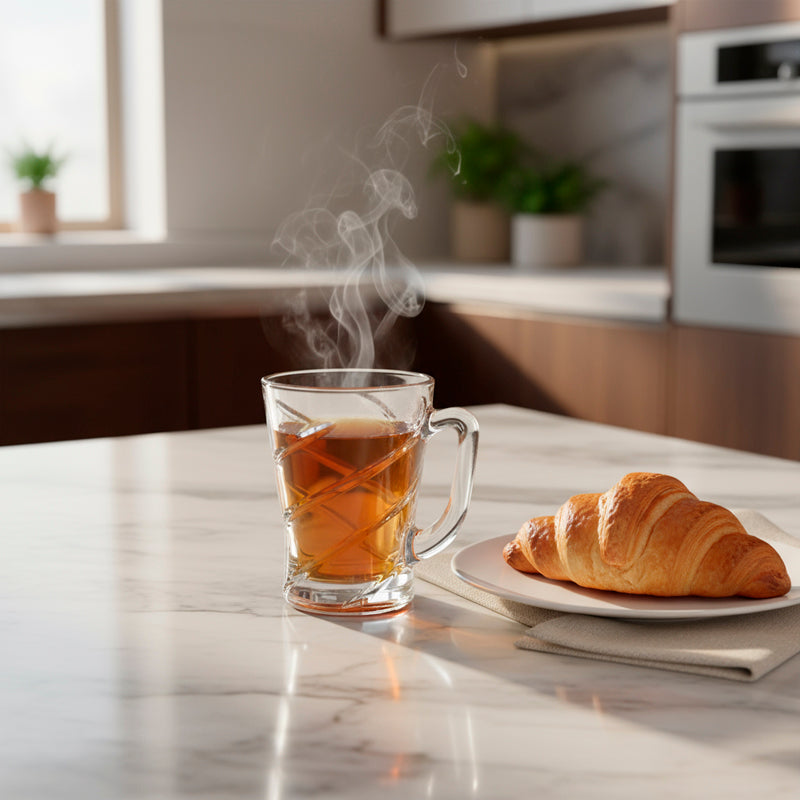 Glass Tea Cup Set (6PC) – 230ML Spiral-Pattern Clear Glass Cups with Handle