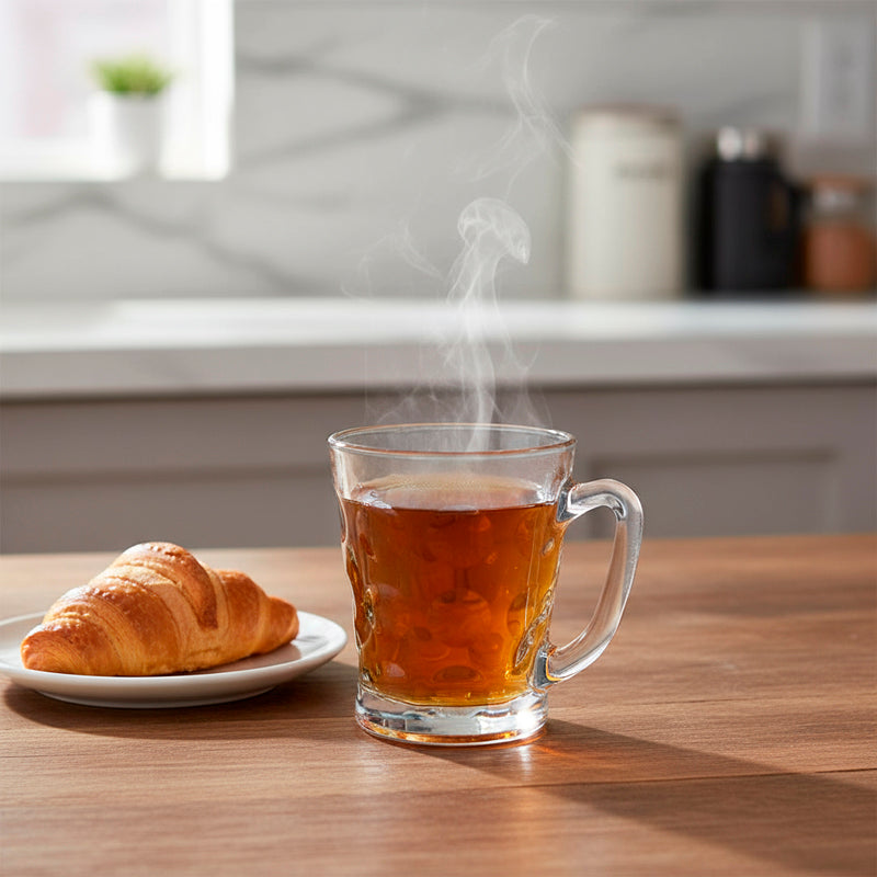 Glass Tea Cup Set (6PC) – 230ML Bubble-Pattern Clear Glass Cups with Handle