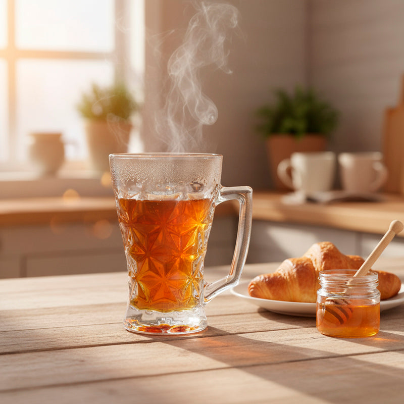 Glass Tea Cup Set (6PC) – 240ML Diamond-Cut Pattern Clear Glass Cups with Handle